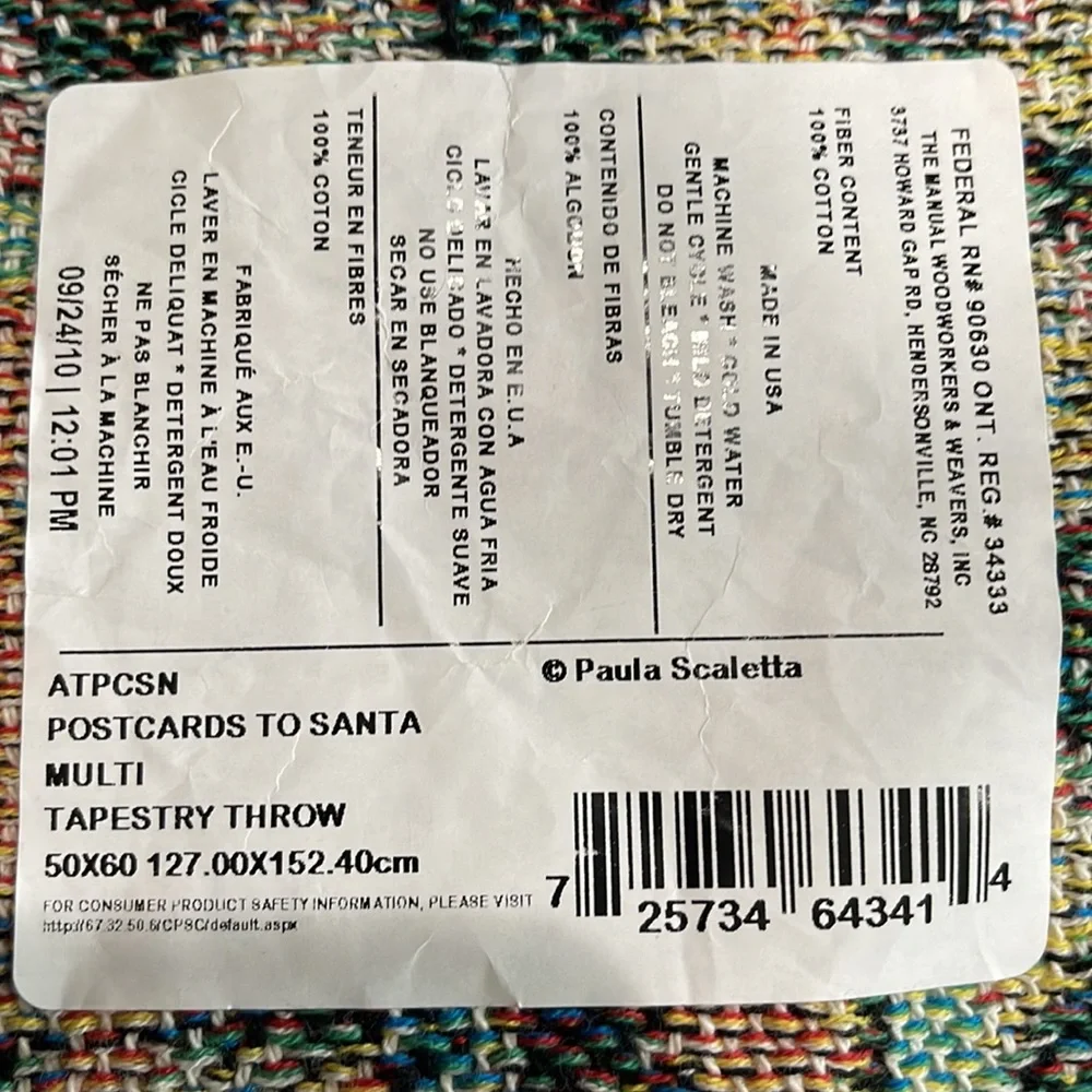 Postcards to Santa cotton tapestry throw 50x60” USA made in North Carolina NEW